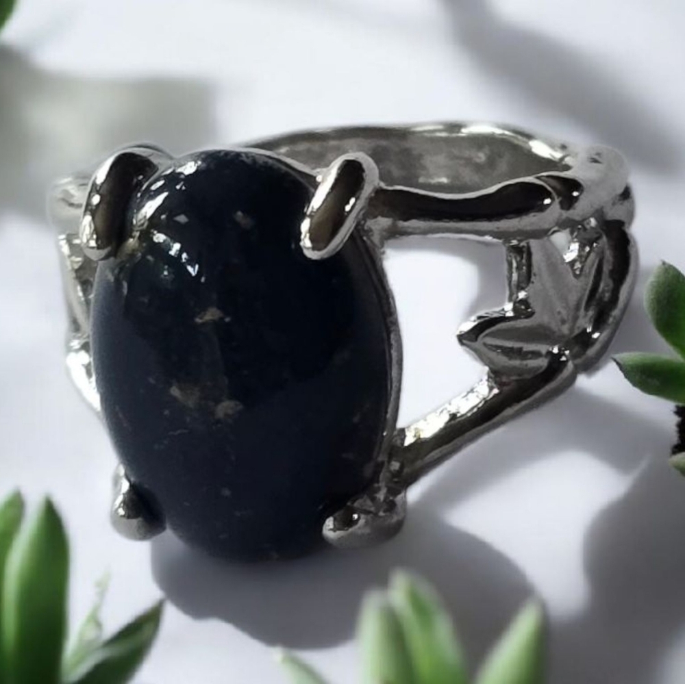CHOCOLATE OBSIDIAN POLISHED STONE RARE LEAF BAND ENGRAVED SILVER NEW SIZE 6 RING
